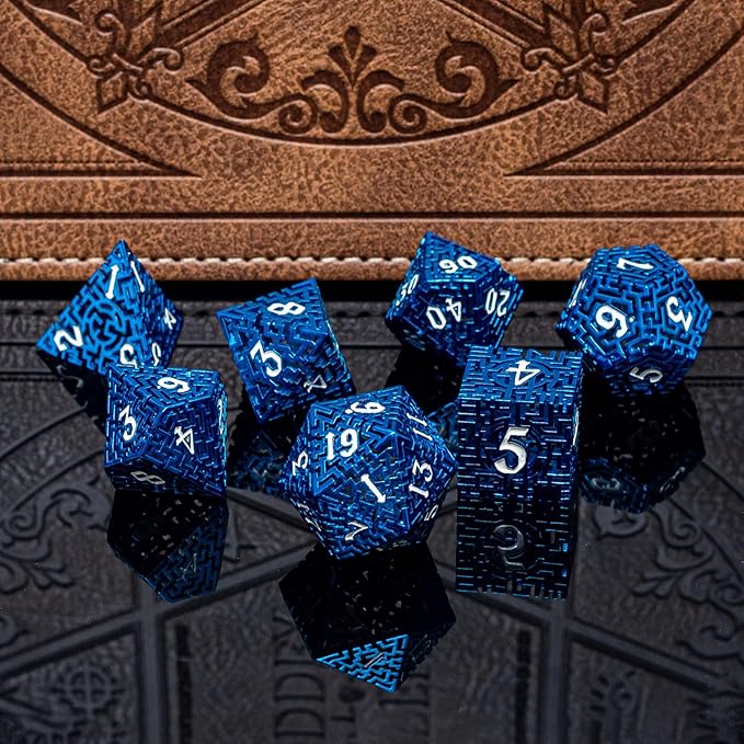 Blue Metal Hollow DND Dice Set Metallic Luster Maze Design - Image 6
