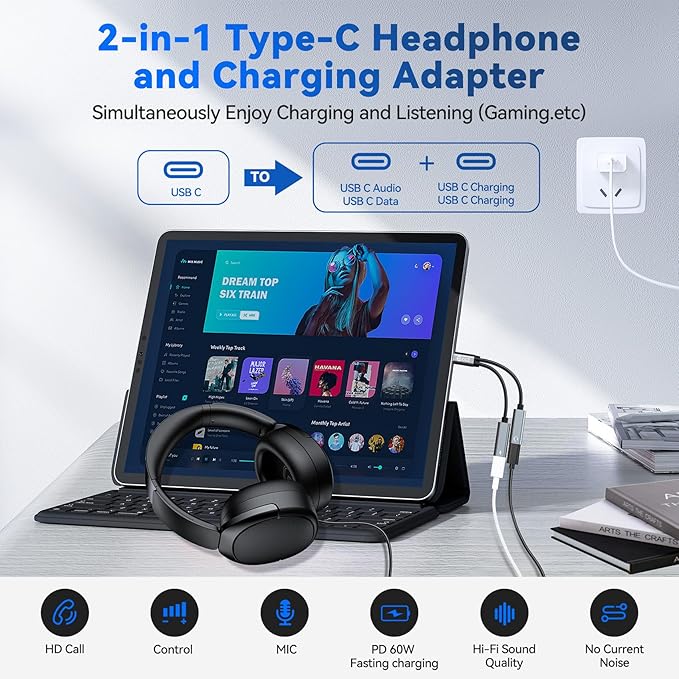 USB C Splitter, 1 in 2 Out Dual USB C Type Headphone and Charger Audio Adapter - Image 2
