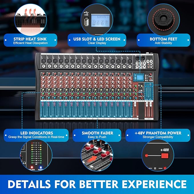 16 Channel Audio Mixer, Soundboard Mixing Console Sound Mixer DJ Sound - Image 6
