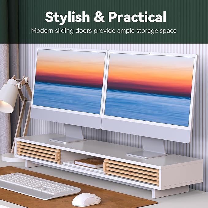 Dual Monitor Stand Riser with Sliding Door, Double Computer Laptop Stand Desk - Image 3
