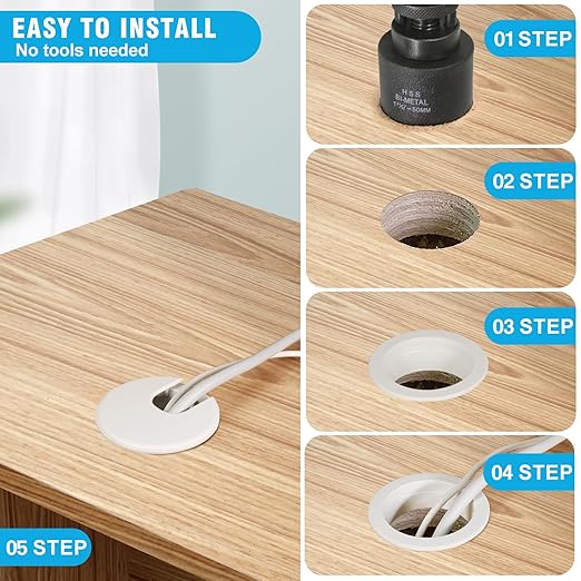 1-1/2" White Desk Grommet with Bi-Metal Hole Saw, JTemgle Plastic Cable Hole - Image 6