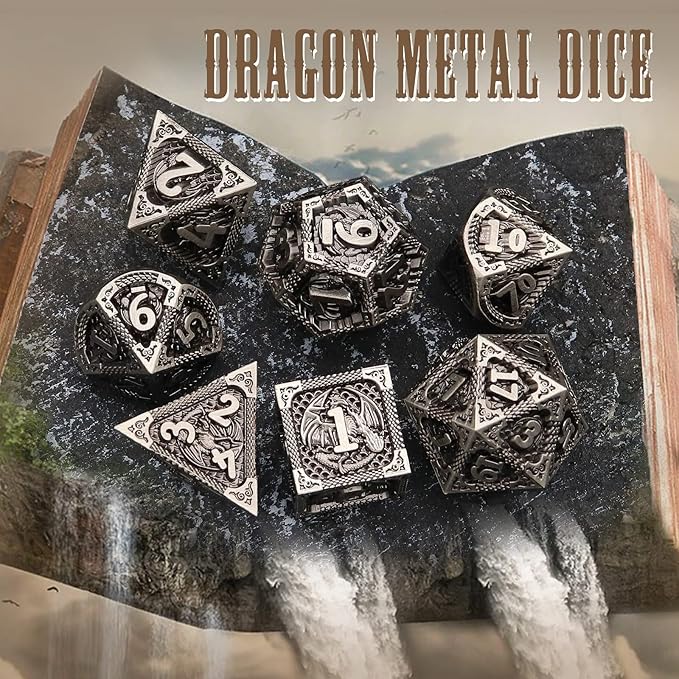 PJOY Metal DND Dice Set Antique Silver Dragon Scale D&D Polyhedral Dice - Image 4