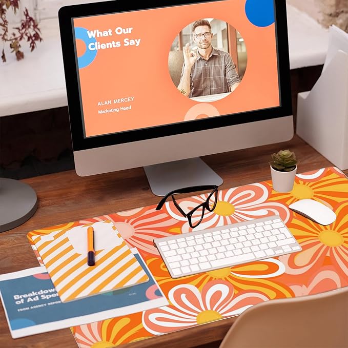 Desk Pad, Hippie Vintage Orange Flowers Desk Mat, Retro Floral Large Gaming - Image 5