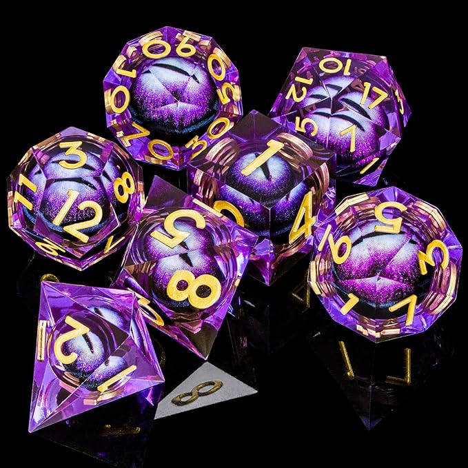 ARUOHHA DND Resin Dice Dragon Eye Dice Liquid Core Purple Sharp Edged Dice Set - Image 6
