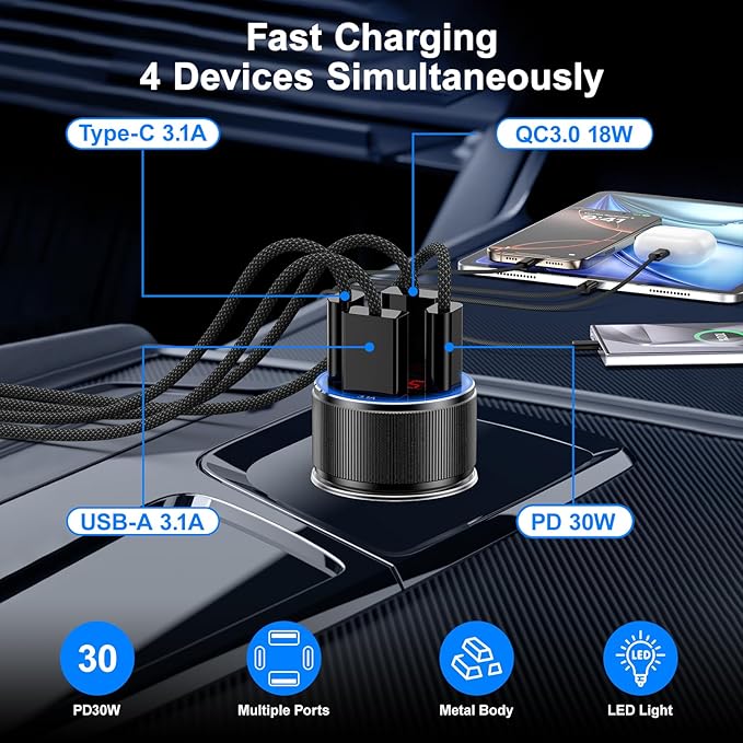 Car Phone Charger, Besgoods USB C Car Charger Adapter 4 Ports - Image 2