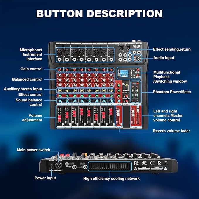 8 Channel Audio Mixer, Professional Music Mixer Board DJ Mixing Console - Image 8