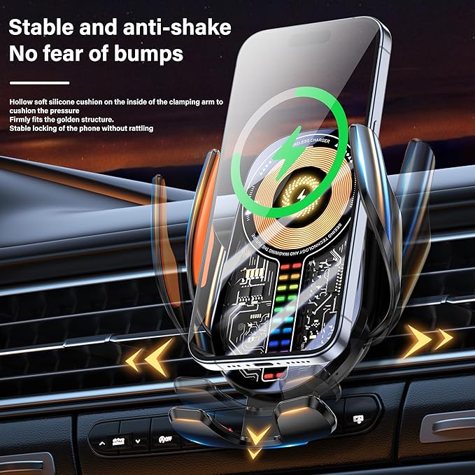 Wireless Car Charger, Cell Phone Car Mount 15W Fast Charging Auto Clamping - Image 8