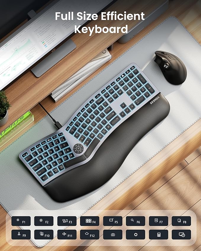 seenda 7-Color Backlit Wired Ergonomic Keyboard, KUW01 USB & Type-C Wired Split - Image 5