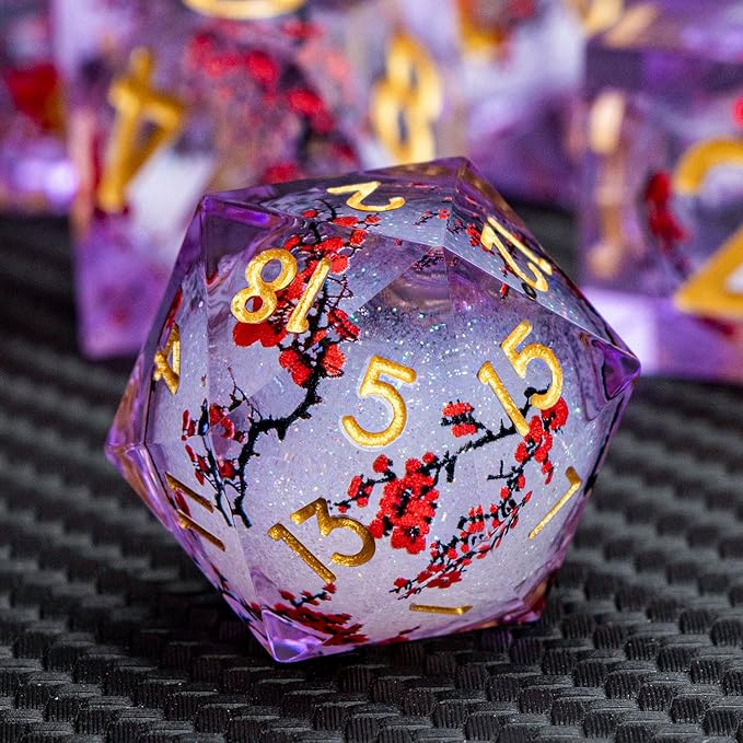 ARUOHHA DND Resin Dice Plum Blossom Liquid Core Golden Purple Sharp Edged - Image 3