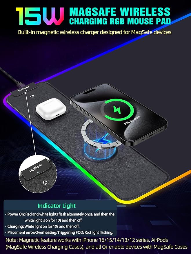 TopMade Wireless Charging RGB Mouse Pad, Waterproof Gaming Desk Pad - Image 2