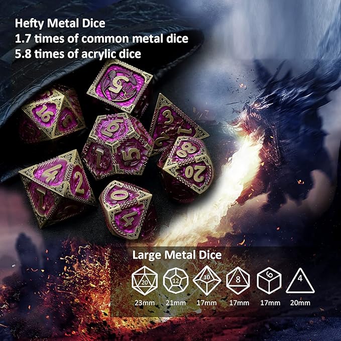 Haxtec Metal Dice Set Purple Black Dragon Pattern Metal DND Dice - Image 6