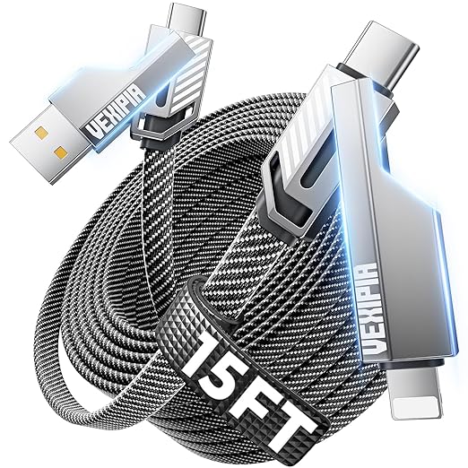 4-in-1 Long USB C Cable 45W 15FT Fast Charging Flat Nylon Braided by Vexipia