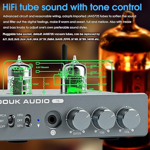 Douk Audio T6 2 Channel 80 watts x2 Bluetooth Tube Amplifier Hi-Fi Stereo Power - Image 4