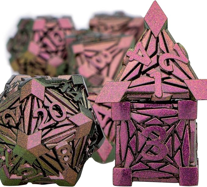7PCS Metal DND Dice Set with Box, Debris RPG Purple Red D and D Dice - Image 2
