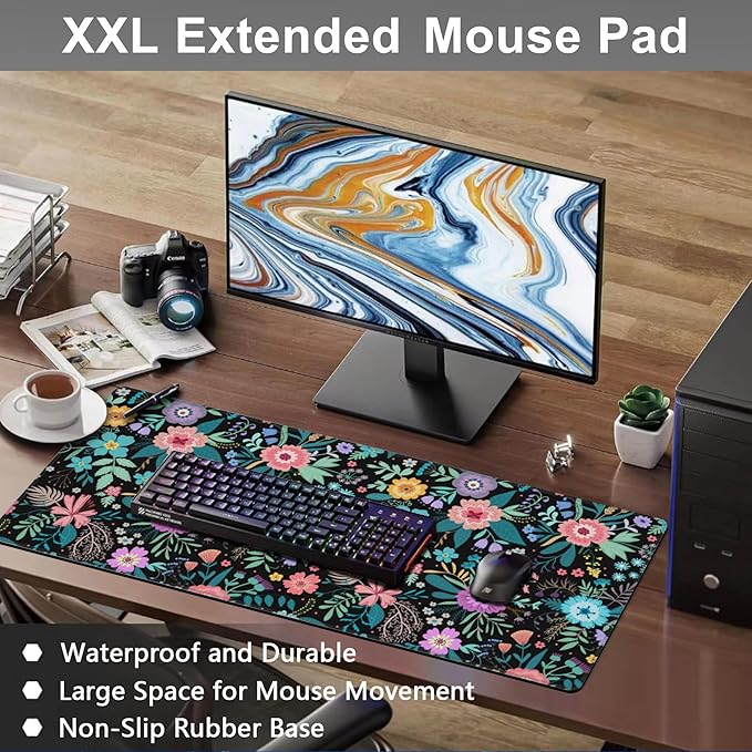 Mouse Pad, Large Colorful Flowers and Plants Desk Mat, Extended Non-Slip Gaming - Image 6