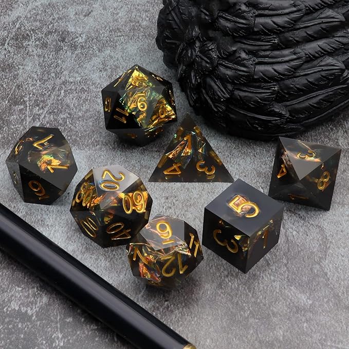Haxtec Sharp Edge Dice Set DND Dice Black Resin Dice Iridecent Mylar Galaxy D&D - Image 4