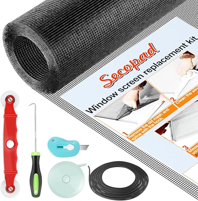 Window Screen Door Repair Kit, Durable Fiberglass Mesh Roll by Secopad