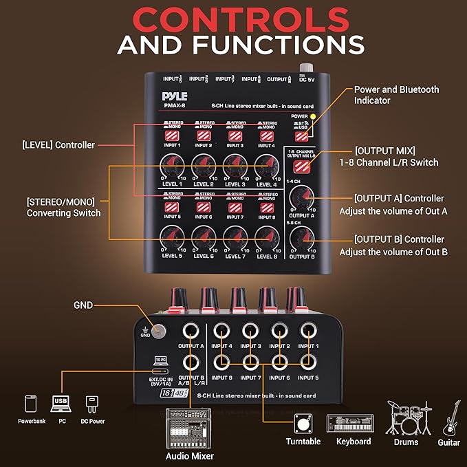 Pyle 8-Channel Wireless BT Streaming Mini Line Mixer - Image 2