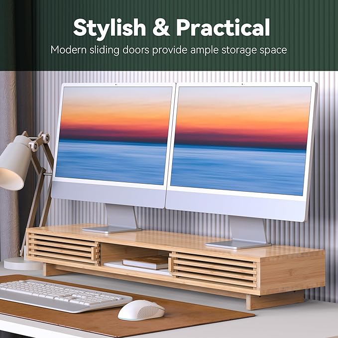 Dual Monitor Stand Riser with Sliding Door, Double Computer Laptop Stand Desk - Image 2