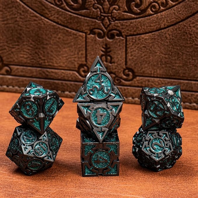 Green Black Nickel Finish Heavy Metal DND Dice Set - Image 5