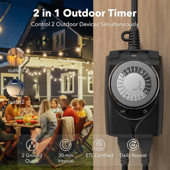 HBN Outdoor Timer Outlet Waterproof, 24 Hour Mechanical Light Timers - Image 2