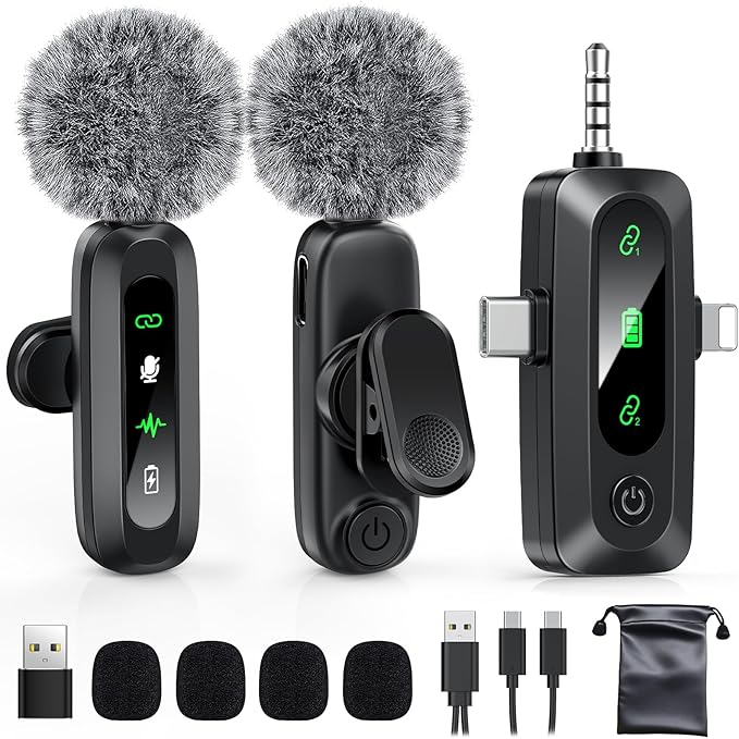 Wireless Lavalier Microphone for iPhone, USB C, Camera Video Recording 4 in 1 by GoorDik