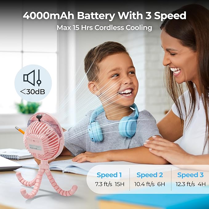 Misting Baby Stroller Fan, 4000mAh Rechargeable Battery Operated, 270°Pivoting - Image 3