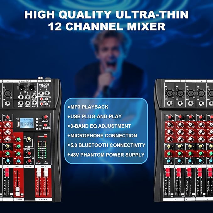 12 Channel Audio Mixer, Professional Music Mixer Board DJ Mixing Console - Image 2