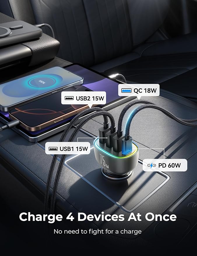 USB C Car Charger Cigarette Lighter Adapter 75W 4-Port Fast Car Charger Fast - Image 5