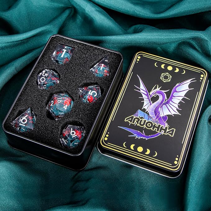 ARUOHHA DND Resin Dice Plum Blossom Liquid Core Dice Silver Blue Sharp Edged - Image 7