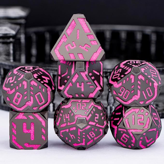 Metal DND Sci-fi Dice Set 7PCS Luminous Pink Stripe Polyhedral Dice - Image 4