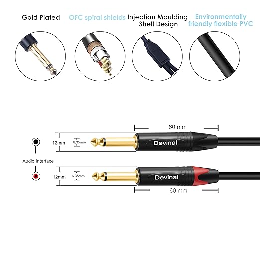 Devinal 1/4 to Dual 1/4 Y-Splitter Cable, 6.35mm TRS to Dual 6.35mm TS Insert - Image 4