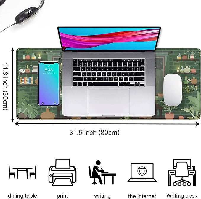 Kawaii Rainy Night Desk Mat Green Plants Gaming Mouse Pad XL, Aesthetic Anime - Image 2