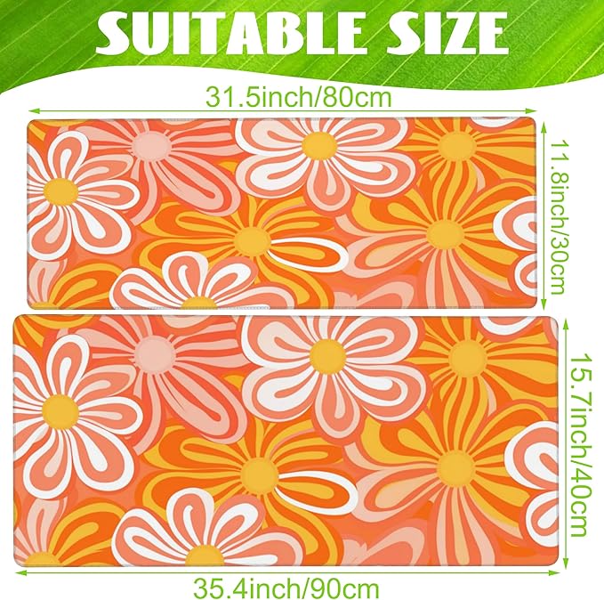 Desk Pad, Hippie Vintage Orange Flowers Desk Mat, Retro Floral Large Gaming - Image 2