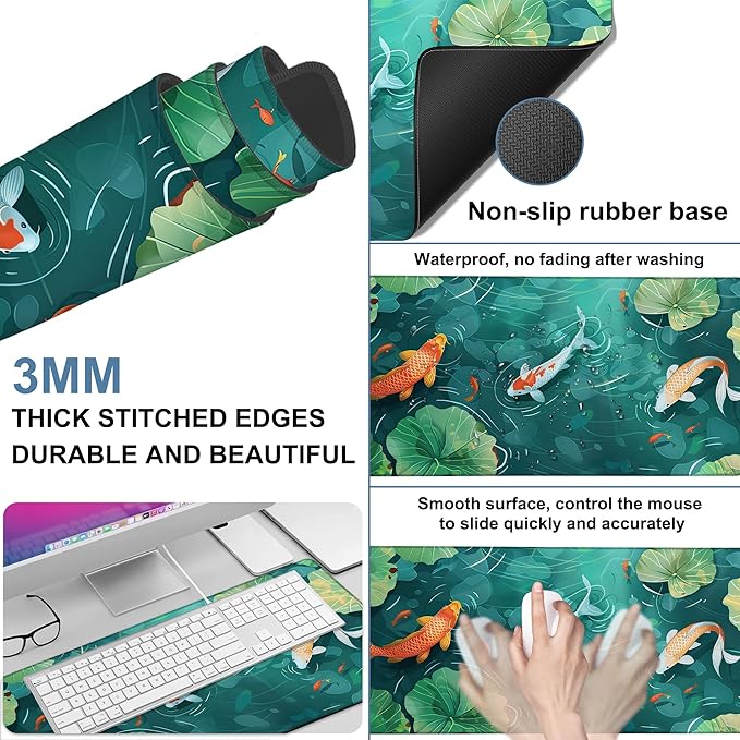 Colorful Koi Fish Gaming Mouse Pad 3mm Thick Stitched Edge Waterproof Non-Slip - Image 2