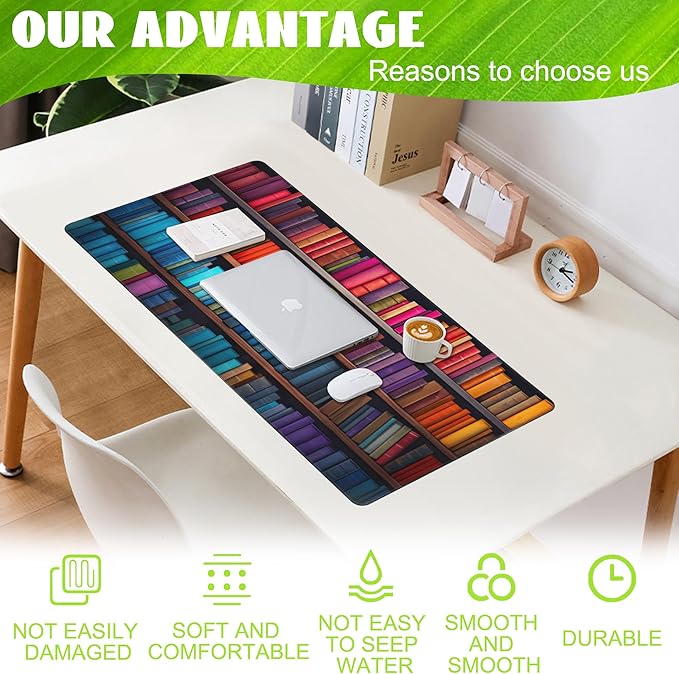Large Gaming Mouse Pad for Desk, Bookshelves Full of Books Desk Mat, Colorful - Image 4