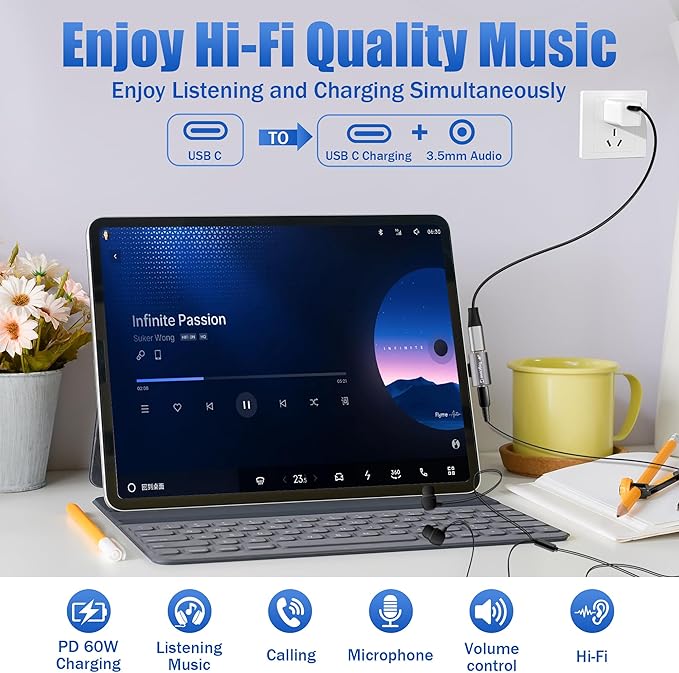 USB C to 3.5mm Aux Headphone and Charger Adapter Splitter, 2 in 1 USB Type C - Image 2