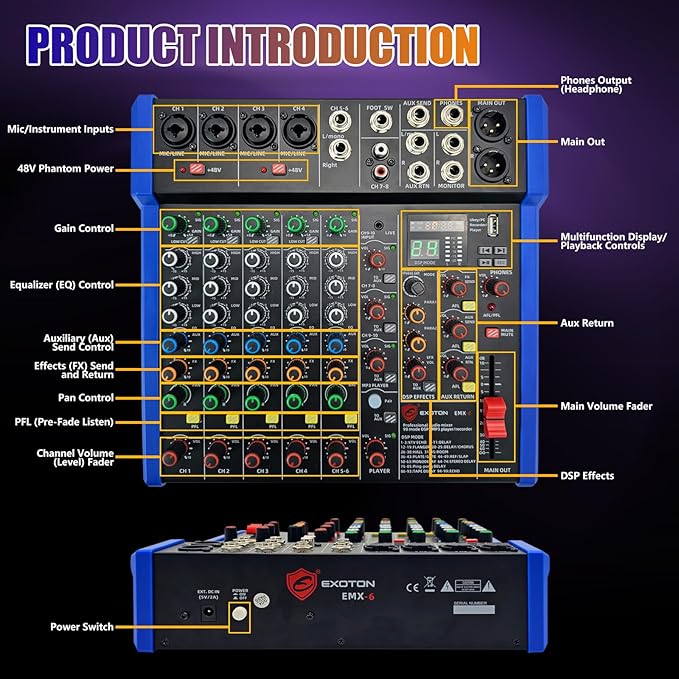 EXOTON Professional Audio Mixer Console, 6 Channel - Image 2