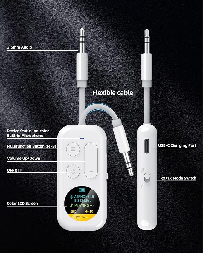 Bluetooth Wireless Audio Transmitter/Receiver, 20+ Hours Playtime, Supports 2 - Image 3