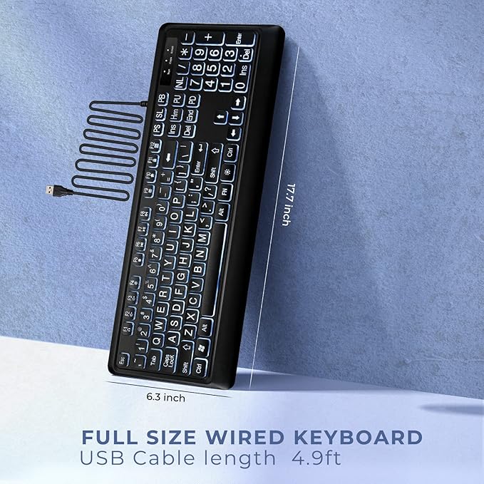 Large Print Backlit Keyboard, USB Wired Computer Keyboard, Full Size Keyboard - Image 6