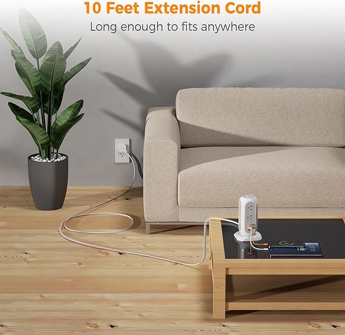 Surge Protector Power Strip Tower 10 Ft, TESSAN Flat Plug Extension Cord - Image 2