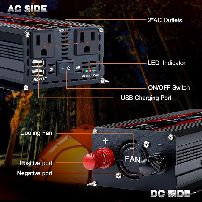LVYUAN 1000W Car Power Inverter 12V to 110V DC to AC - Image 3