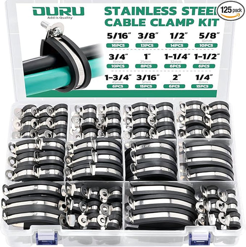 125PCS Cable Clamp, 12 Sizes Stainless Steel Rubber Coated Cushioned Insulated by OURU
