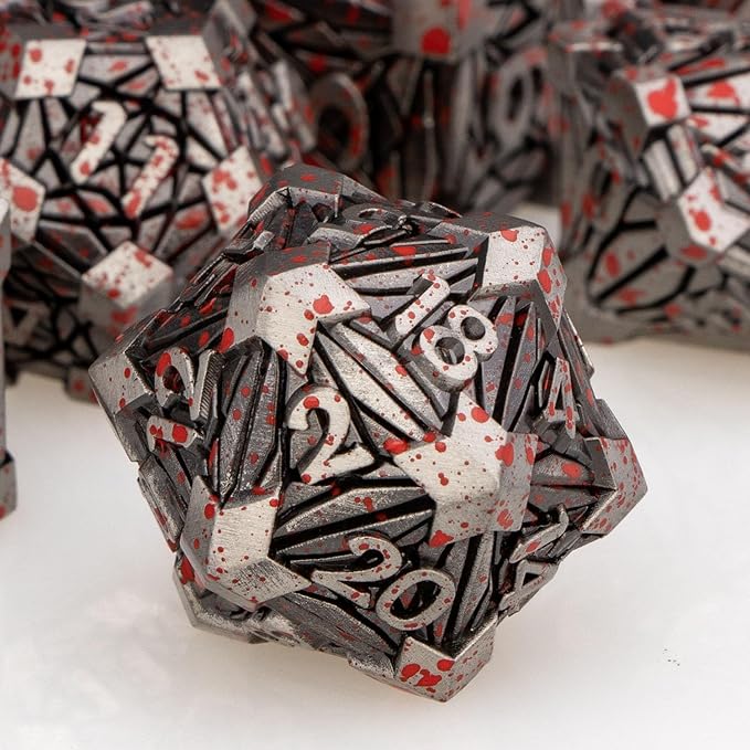 7PCS Metal DND Dice Set with Box, Debris RPG Blood Spatter D and D Dice by ORIFANTOU