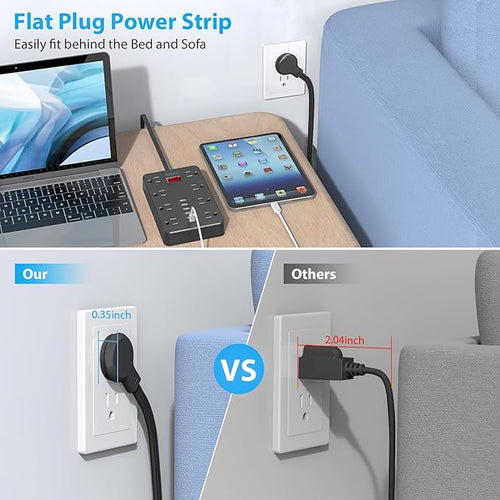 10 Ft Extension Cord Surge Protector, SMNICE 8 Widely Spaced Outlets and 6 USB - Image 2