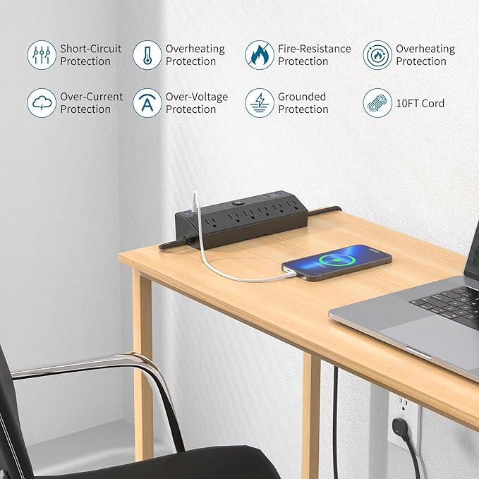 Desk Clamp Power Strip with 40W Fast Charging Station, JXGUCAT 10ft Flat Plug - Image 6