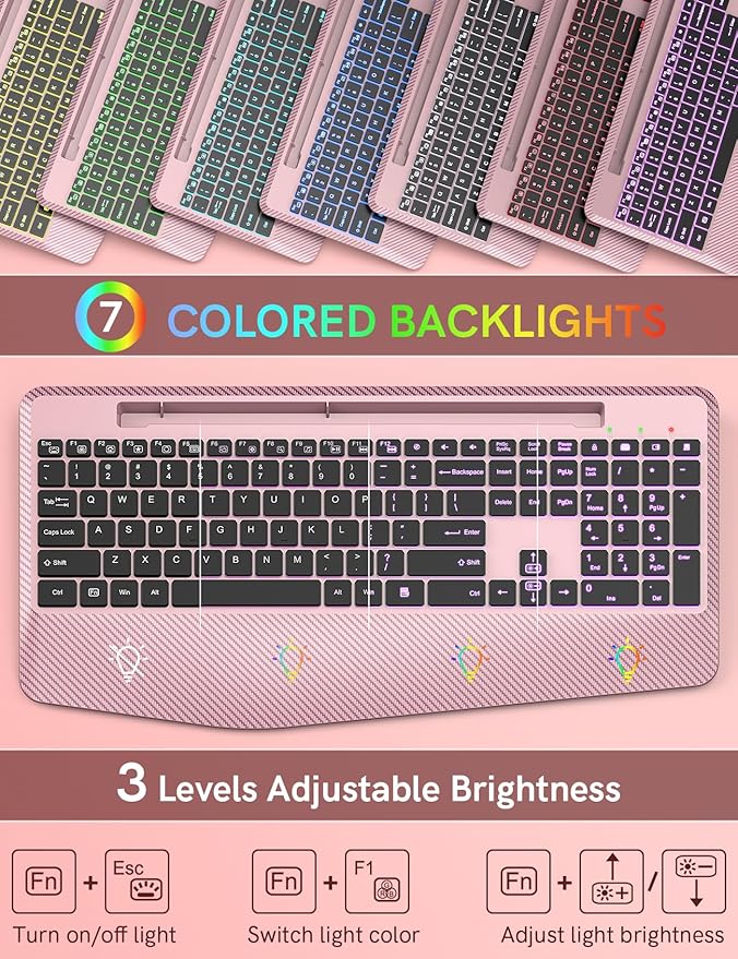 Wireless Keyboard with 7 Colored Backlits Wrist Rest, Phone Holder, - Image 2