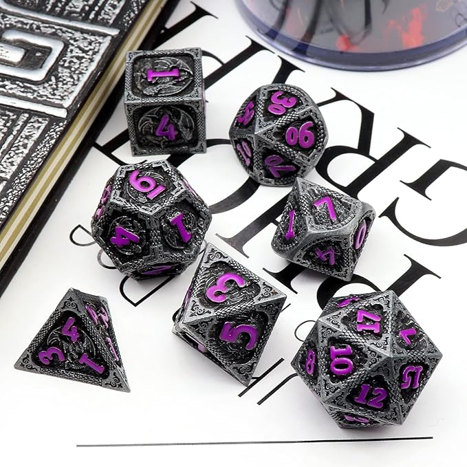 Haxtec Metal DND Dice Set Black Purple Dragon Pattern D&D Dice Set - Image 3