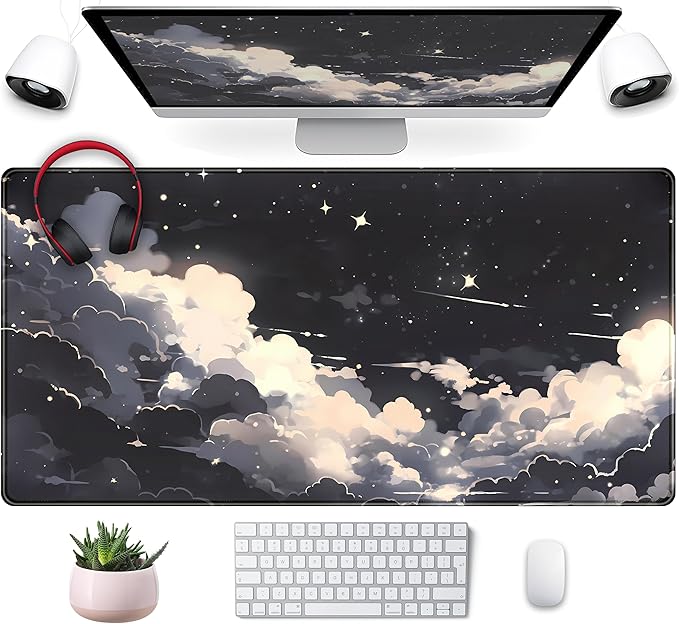 Black Anime Cloud Desk Mat XXL Large Gaming Mouse Pad Computer Laptop Mat by Mechanical+Cattle