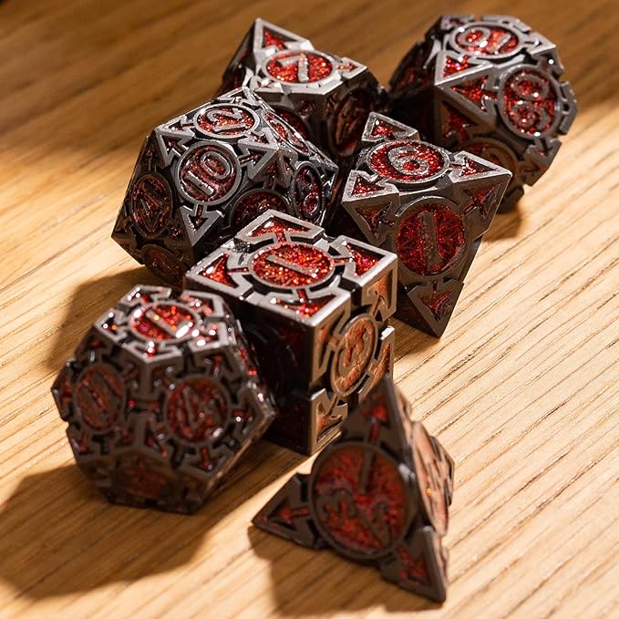 Red Black Nickel Finish Heavy Metal DND Dice Set - Image 8